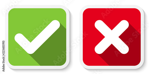 Set of V and X icons, buttons. Flat square check & cancel symbol stickers. Vector EPS 10