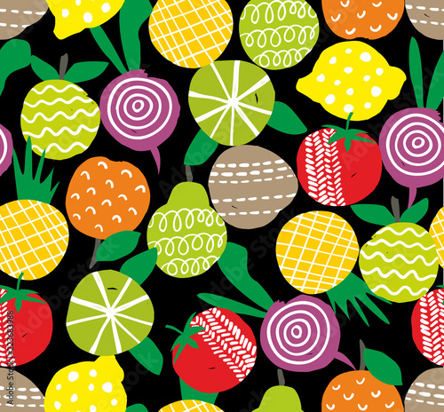 Seamless pattern with hand drawn fruits and vegetables on the black background.