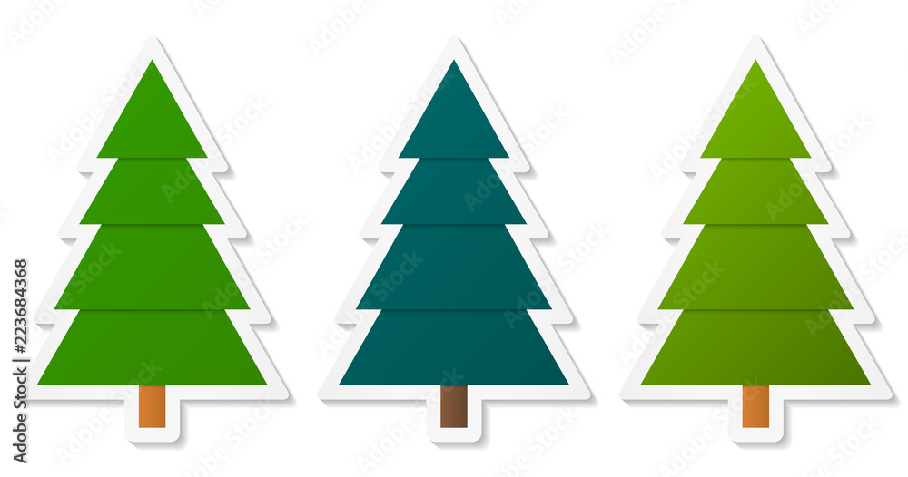 Set of abstract geometric coniferous trees stickers with three shades of green. Vector EPS 10