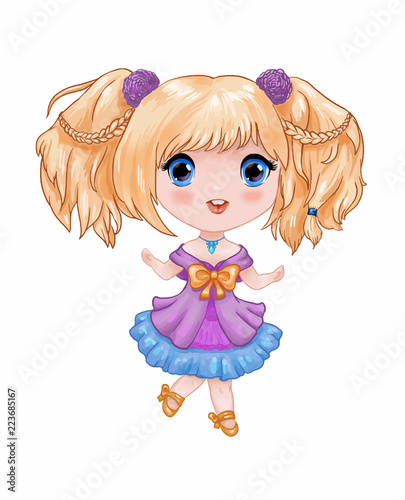 Chibi illustration. Little cute anime girl in purple-blue dress isolated photo