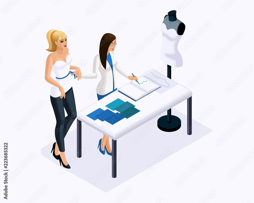 Isometric is a set of tailors sewing wedding dresses, a client on a fitting dress. Sewing the best and luxurious wedding dress in the atelier set 5 Isometric is a set of tailors sewing wedding dresses, a client on a fitting dress. Sewing the best and luxurious wedding dress in the atelier set 5