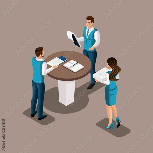 Isometric Bank employees in the bank's office conduct brainstorming. Meeting of managers, discussion of important matters