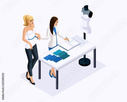 Isometric is a set of tailors sewing wedding dresses, a client on a fitting dress. Sewing the best and luxurious wedding dress in the atelier set 5
