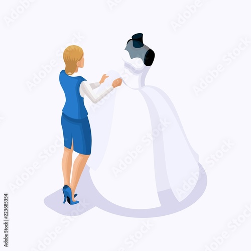 Isometric is a set of tailors sewing wedding dresses, a client on a fitting dress. Sewing the best and luxurious wedding dress in the atelier set 2