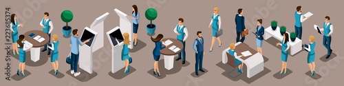 Isometric set of bank managers in work in the bank office, ATMs, issuing loans, customer service, horizontal placement