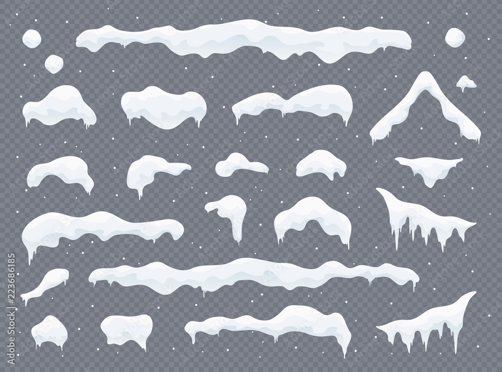 Snow caps, snowballs and snowdrifts set. Snow cap vector collection. Winter decoration element. Snowy elements on winter background. Cartoon template. Snowfall and snowflakes in motion. Illustration. Snow caps, snowballs and snowdrifts set. Snow cap vector collection. Winter decoration element. Snowy elements on winter background. Cartoon template. Snowfall and snowflakes in motion. Illustration.