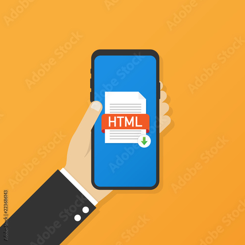 Download HTML button on smartphone screen. Downloading document concept. File with HTML label and down arrow sign