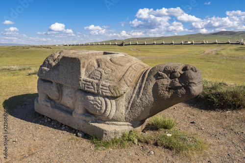 Stone turtle 13th century near Erdene Zuu Monastery, Kharkhorin (Karakorum), Mongolia. It is part of the Orkhon Valley Cultural Landscape World Heritage Site. photo