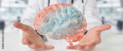 Doctor using digital brain scan hologram 3D rendering