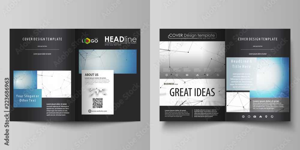 Business templates for bi fold brochure, magazine, flyer. Cover design template, vector layout in A4 size. Geometric blue background, molecule structure, science concept. Connected lines and dots.