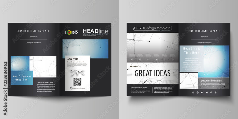 Business templates for bi fold brochure, magazine, flyer. Cover design template, vector layout in A4 size. Geometric blue background, molecule structure, science concept. Connected lines and dots. Business templates for bi fold brochure, magazine, flyer. Cover design template, vector layout in A4 size. Geometric blue background, molecule structure, science concept. Connected lines and dots.