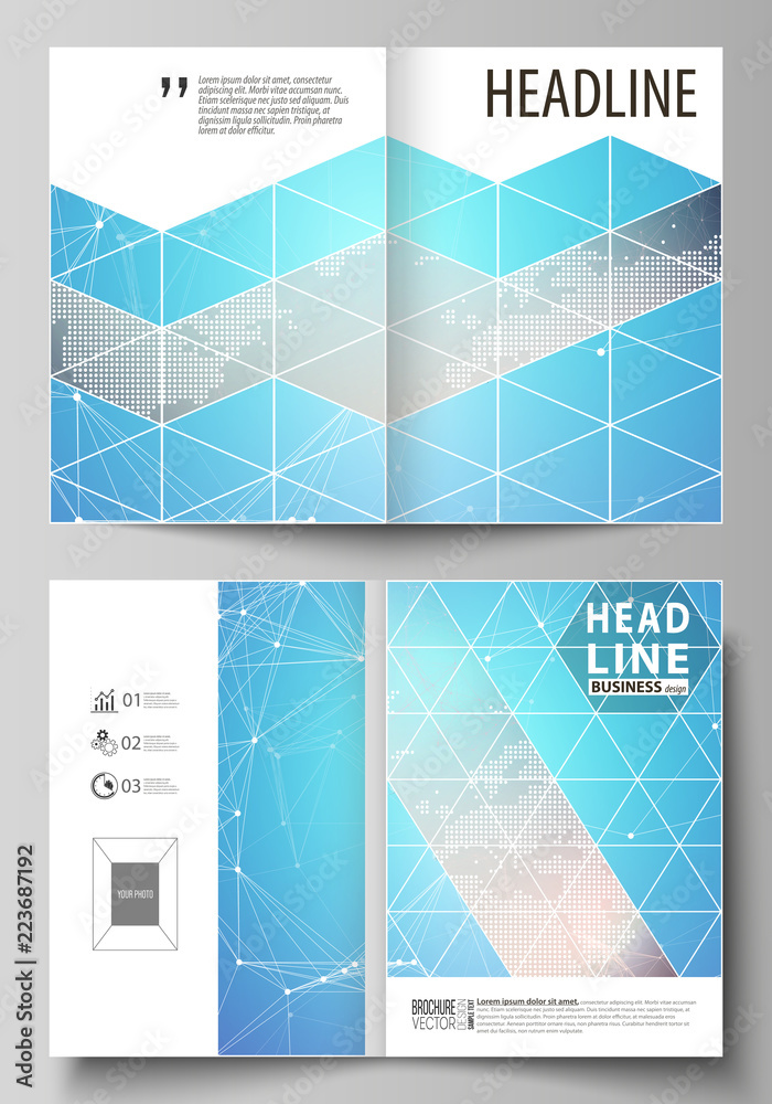 The vector illustration of the editable layout of two A4 format modern cover mockups design templates for brochure, magazine, flyer. Molecule structure. Science, technology concept. Polygonal design.
