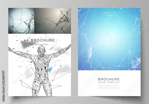 The vector layout of A4 format cover mockups design templates for brochure, flyer, report. Technology, science, medical concept. Molecule structure, connecting lines and dots. Futuristic background