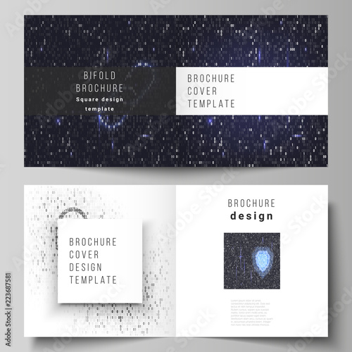 The vector layout of two covers templates for square design bifold brochure, magazine, flyer, booklet. Binary code background. AI, big data, coding or hacker concept, digital technology background.