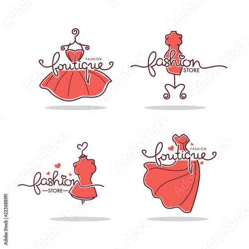 vector set of Fashion Boutique and store logo, label, emblems with doodle line art dresses and lettering composition