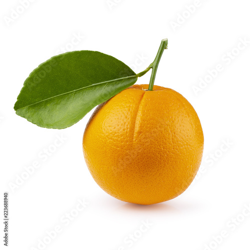 Orange fruit with orange leaves isolated on white background. With Clipping path