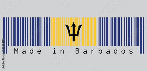 Barcode set the color of Barbados flag, vertical ultramarine and gold color with black trident-head on grey background, text: Made in Barbados. concept of sale or business.