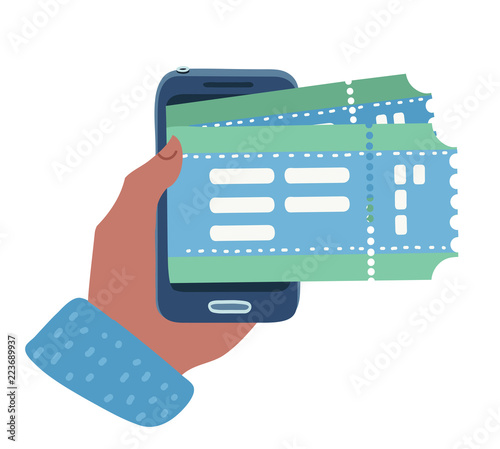 A human hand mobile phone and tickets.