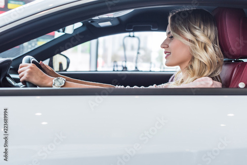 side view of young woman sitting in new car in dealership salon © LIGHTFIELD STUDIOS