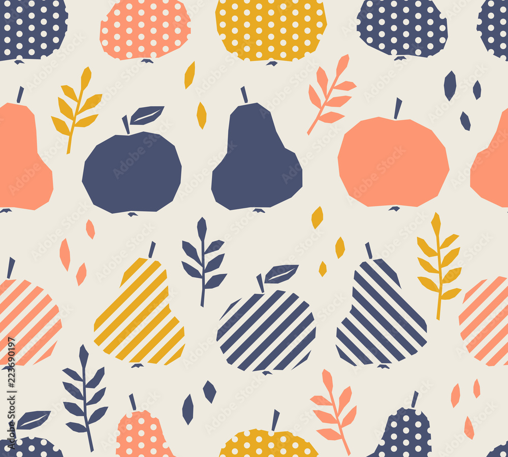 seamless pattern with apples, pears and leaves