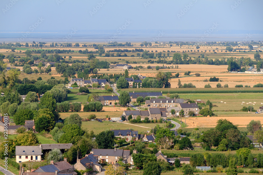 Beautiful aerial view of the rural landscape of Bretagne seen from Mont Dol near Dol-de-Bretagne, France
