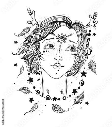 Pretty girl with horns in her hair, boho style