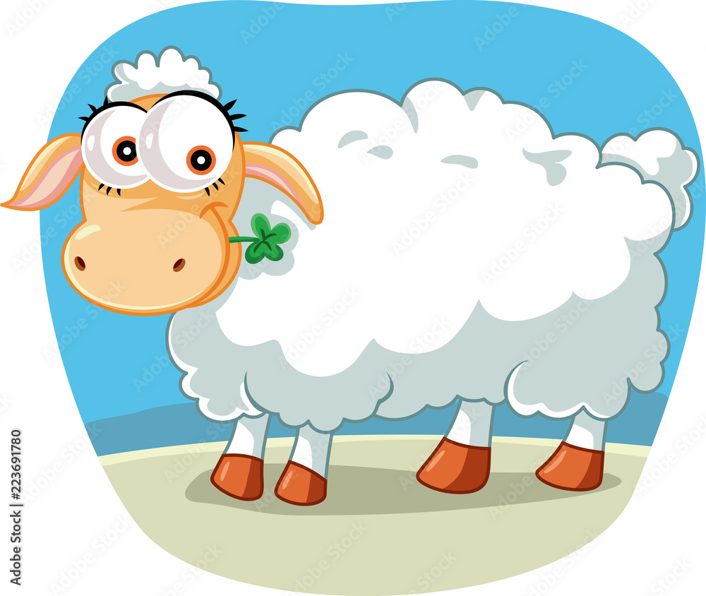 Obraz premium Cute Sheep Chewing a Lucky Clover Cartoon Illustration