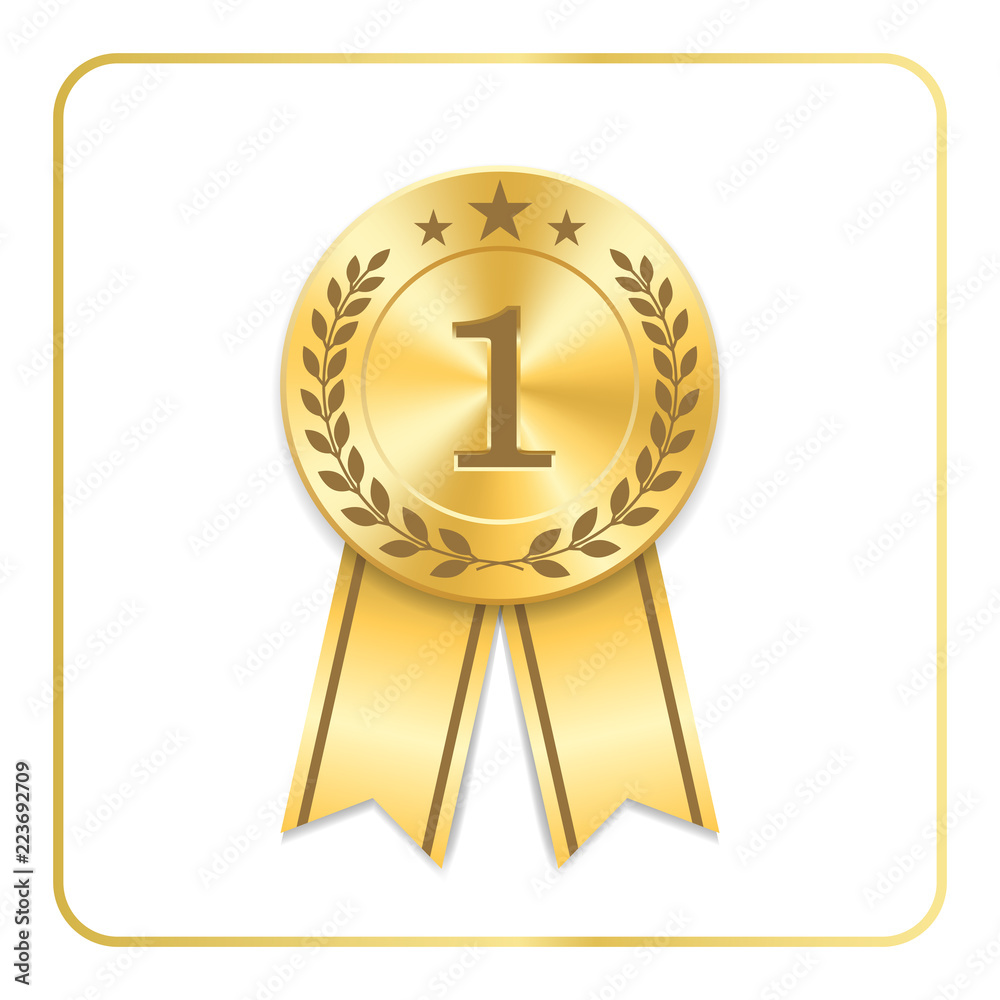 Award ribbon gold icon. Blank medal with laurel wreath isolated white background. Stamp rosette design trophy. Golden symbol winner, celebration, sport competition, champion. Vector illustration Award ribbon gold icon. Blank medal with laurel wreath isolated white background. Stamp rosette design trophy. Golden symbol winner, celebration, sport competition, champion. Vector illustration