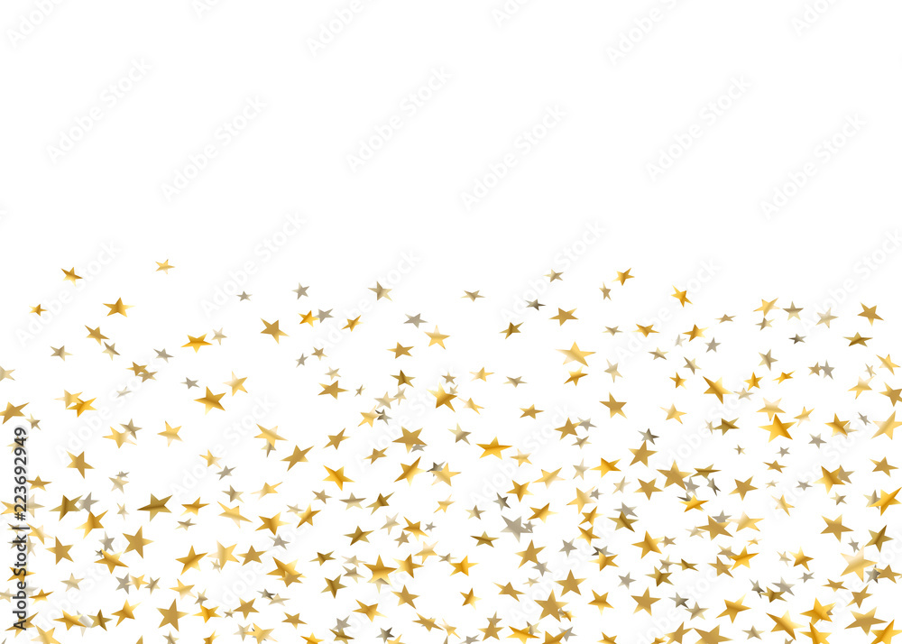 Gold stars falling confetti isolated on white background. Golden explosion confetti on floor. Abstract decoration. Holiday stars for Christmas festive party. Shiny paper glitter. Vector illusttration