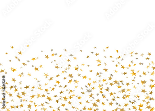 Gold stars falling confetti isolated on white background. Golden explosion confetti on floor. Abstract decoration. Holiday stars for Christmas festive party. Shiny paper glitter. Vector illusttration