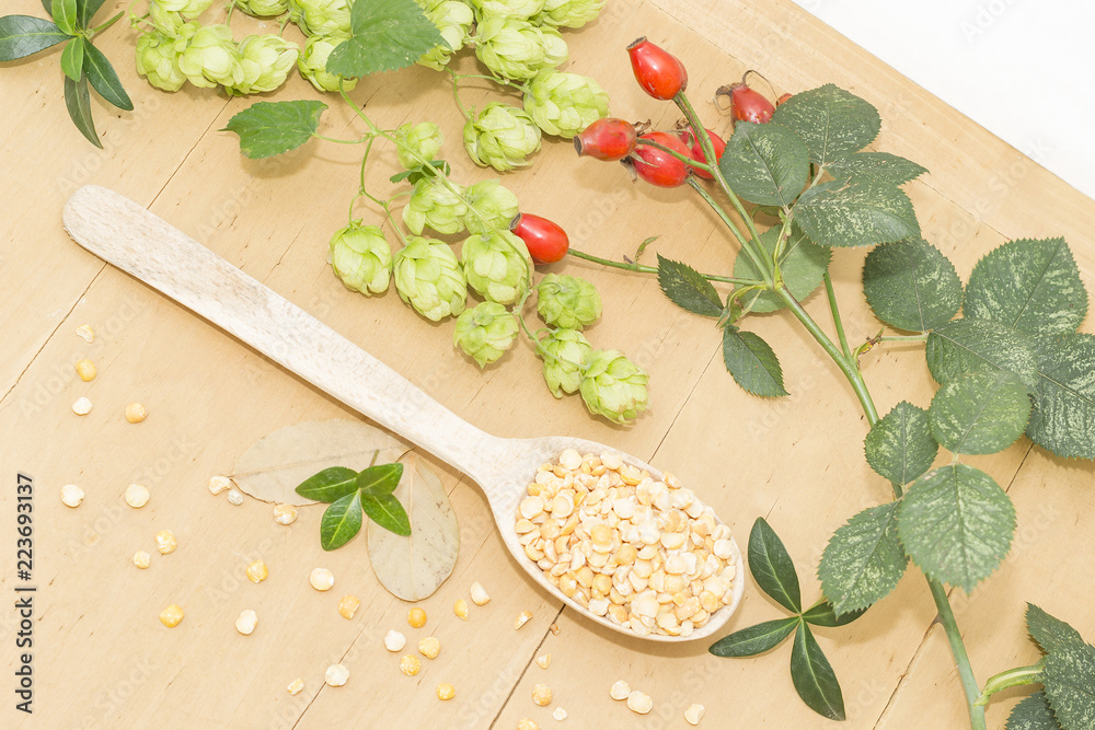 peas in a wooden spoon, hops and rosehips peas in a wooden spoon, hops and rosehips