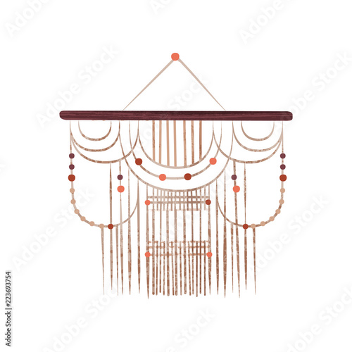 Macrame wall hanging on wood stick with beads. Handmade craft. Original home decor element. Flat vector with texture