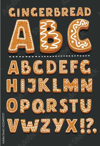 Christmas or New Year alphabet cookies set with glaze vector illustration. Isolated textured letters on white background.