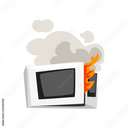 Broken burning microwave oven, damaged home appliance cartoon vector Illustration on a white background