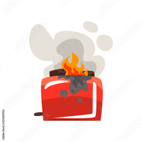 Broken burning toaster, damaged home appliance cartoon vector Illustration on a white background