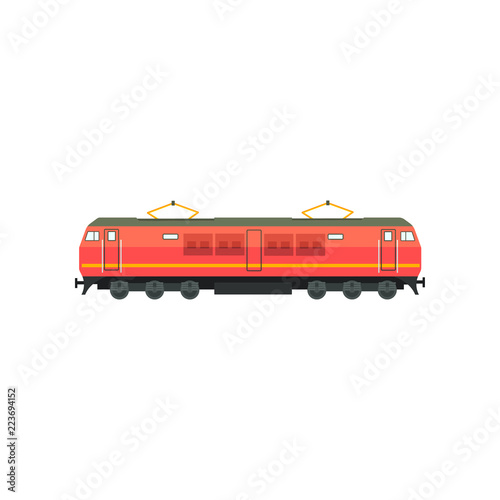 Modern red electric railway locomotive vector Illustration on a white background