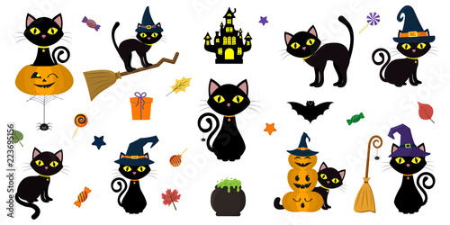 Happy Halloween. Mega set of black cat with yellow eyes in different poses with a pumpkin, on a broomstick, in a hat of a witch and other elements isolated on a white background. Cartoon, vector