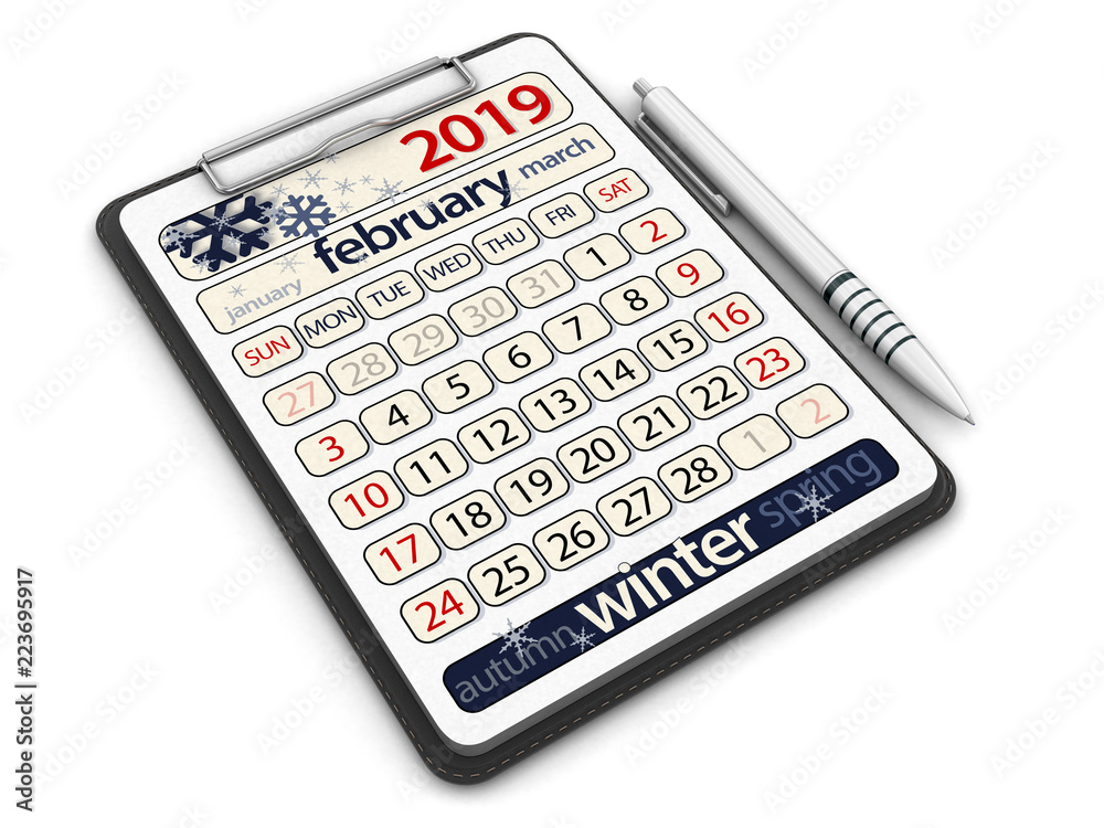 Clipboard with february 2019 (clipping path included) Clipboard with february 2019 (clipping path included)