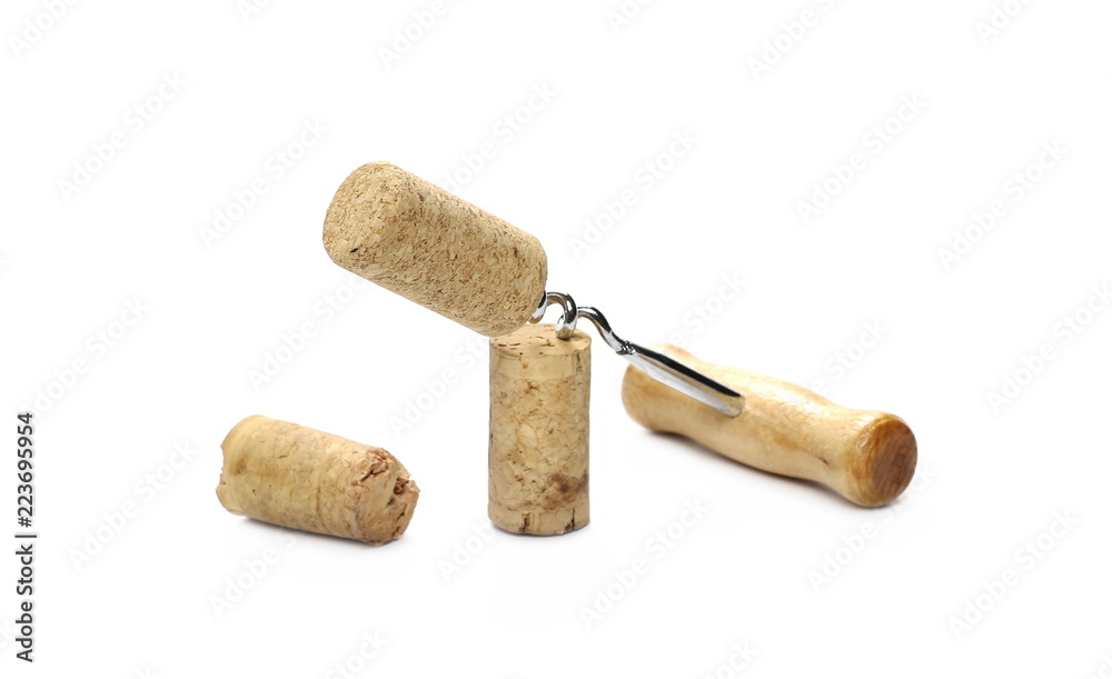 Corkscrew and wine cork isolated on white background