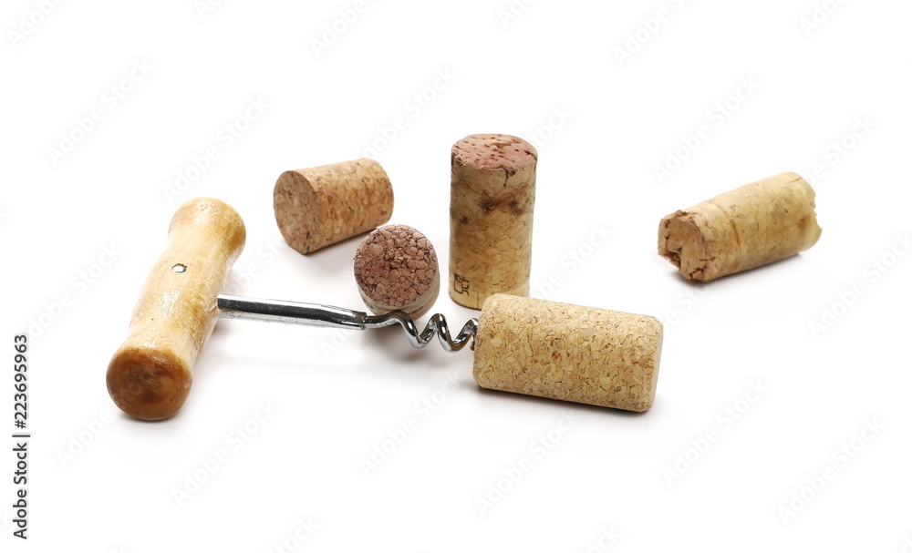 Corkscrew and wine cork isolated on white background
