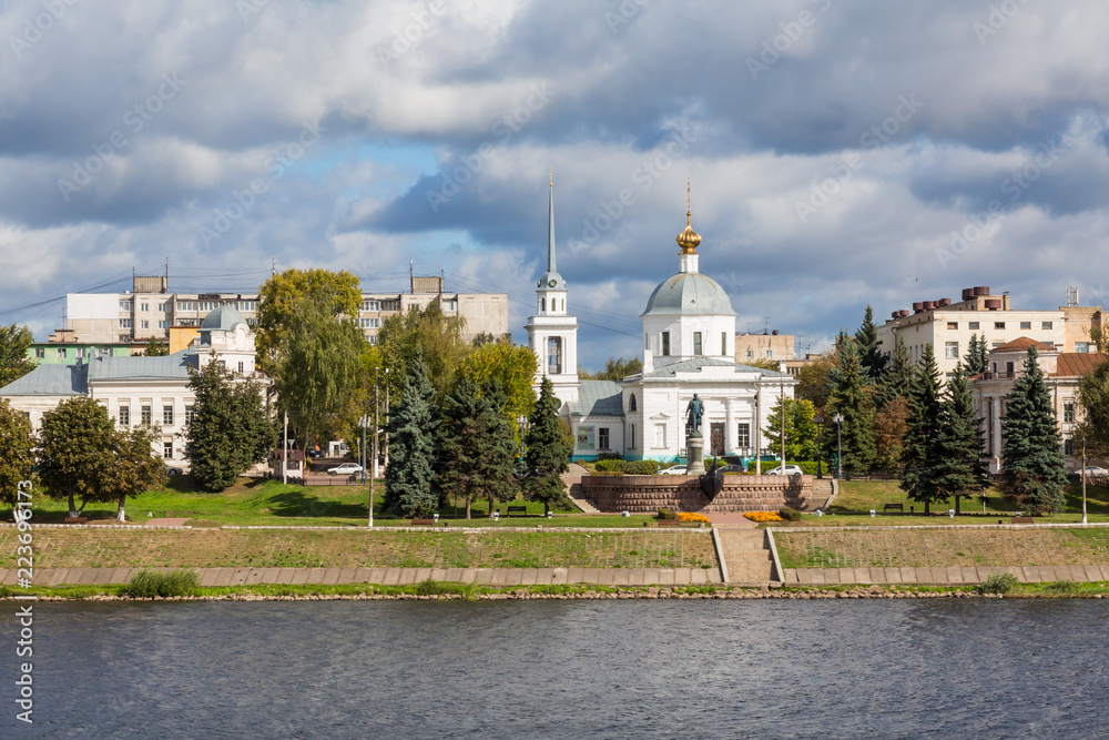 Left Bank of the Volga river in Tver, Russia. Resurrection Church (Church of the resurrection of Christ, the Church Of the three Confessors). Monument to Afanasy Nikitin, opened in 1955.
