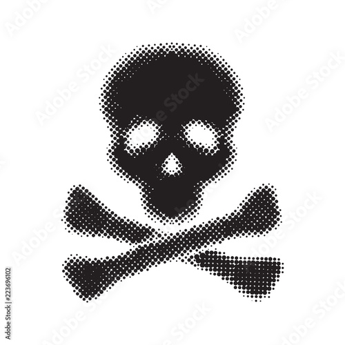 Skull with crossed bones, vector illustration isolated on white background. Half tone design