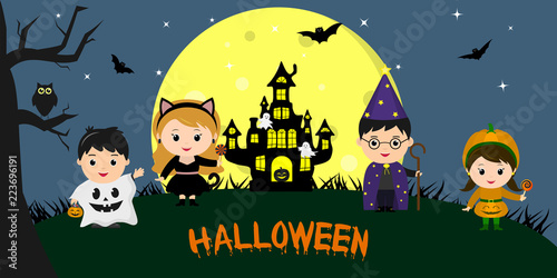 Happy Halloween. Halloween party children of characters in different costumes against the background of the full moon, at night. Cartoon, flat, vector