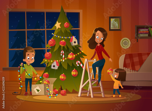 Happy family mom and two children dresses up Christmas tree. The boy unwinds the garland. Family in Christmas sweaters decorate the house for the holiday in a cozy winter evening. Vector illustration.