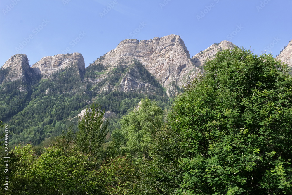 The mountains and the massif along the green path to the Piedrafita de Jaca lake in the aragonese Pyrenees mountains