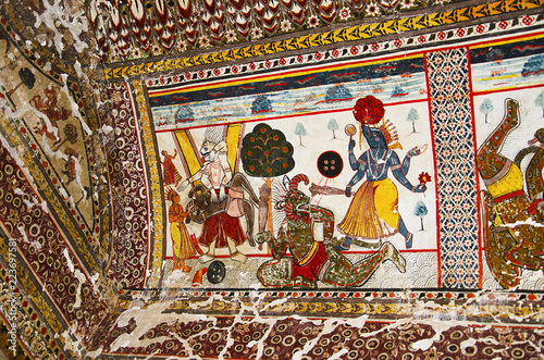 Mythological paintings on the ceiling of Raj Mahal. Orchha Palace Fort Complex. Orchha. Madhya Pradesh