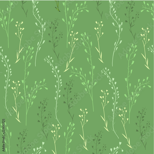 Seamless floral pattern, Capsella flower, Shepherd's purse, Capsella bursa-pastoris, the entire plant, hand drawn vector sketch grass isolated on green background for design cosmetic, natural textile