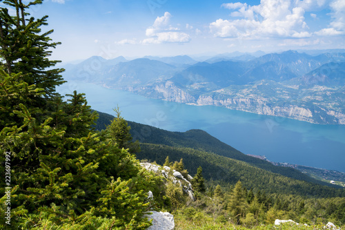 Lake Garda (Italy) and the mountains that surround it seen from the top of Monte Baldo. Italian landscape. © Arcansél
