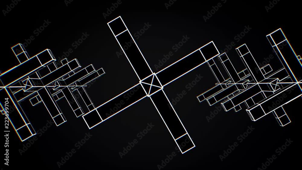 Abstract animation of movement of geometric shapes on a black background. Geometrically complex shapes