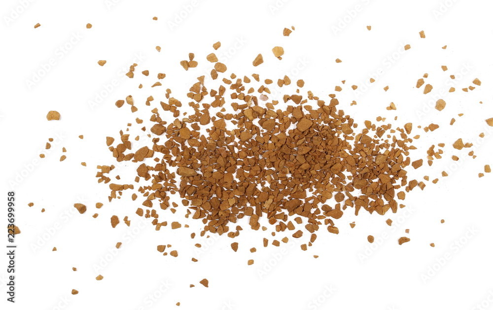 Instant coffee granules isolated on white background and texture, top view